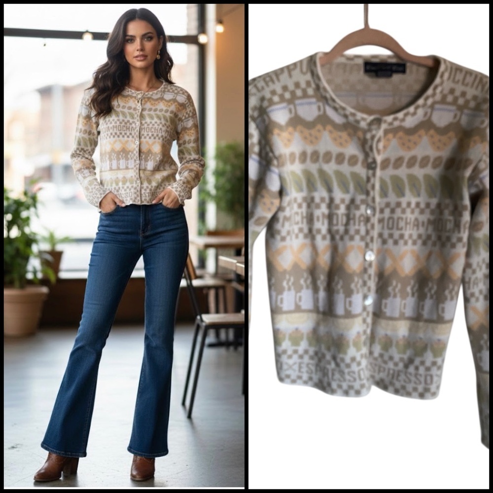 Vintage Eagles Eye Mocha Cappuccino Coffee Cup Novelty Knit Button-Up Sweater S - Picture 1 of 13